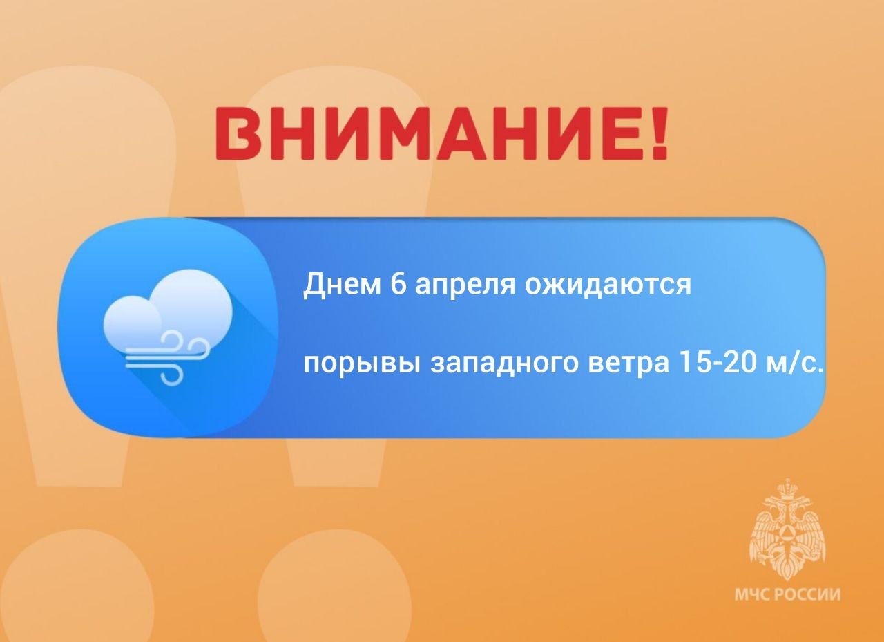 ВНИМАНИЕ. Днем 6 апреля ожидаются порывы западного ветра 15-20 м/с местами по Ульяновской области