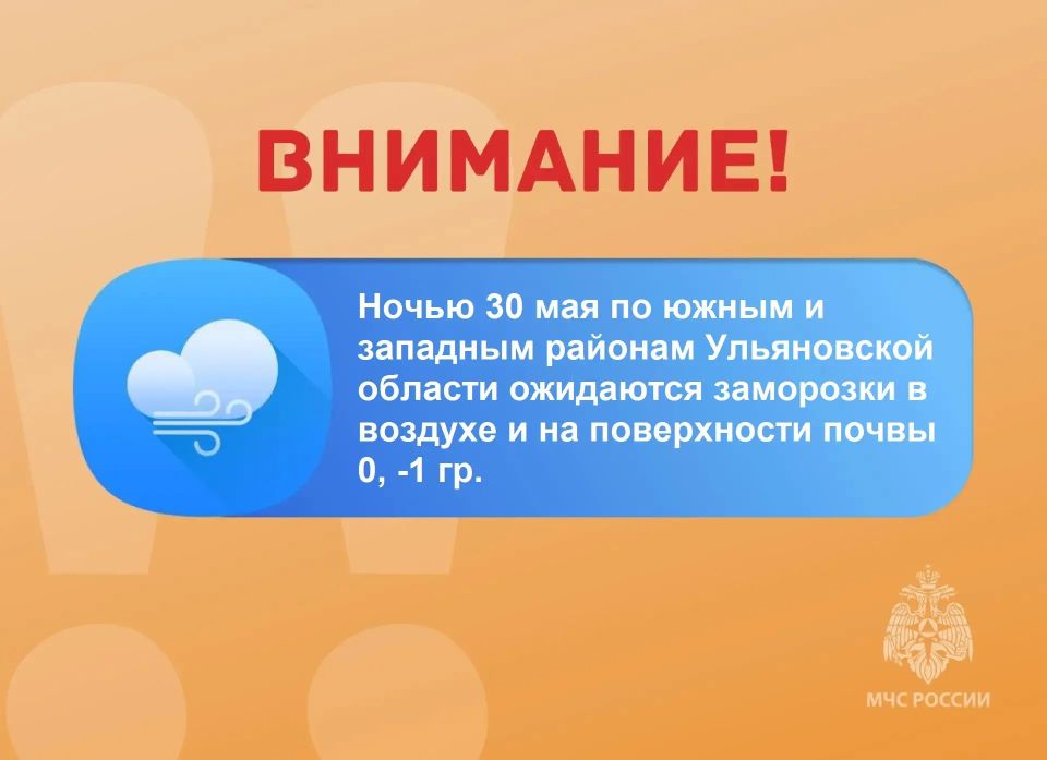 ВНИМАНИЕ. Ожидается "оранжевый" уровень опасности: ночью 30 мая по южным и западным районам Ульяновской области ожидаются заморозки в воздухе и на поверхности почвы 0