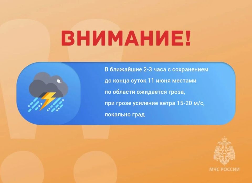 ВНИМАНИЕ. В ближайшие 2-3 часа с сохранением до конца суток 11 июня местами по области ожидается гроза, при грозе усиление ветра 15-20 м/с, локально град
