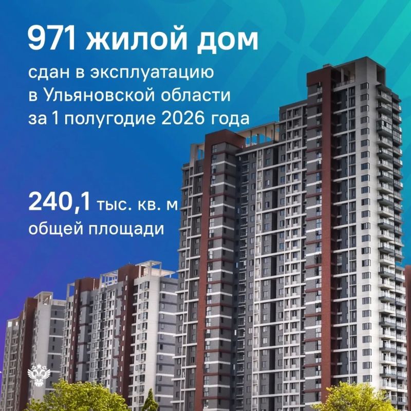 По данным Ульяновскстата, в 1-м полугодии 2026 года в Ульяновской области сдан в эксплуатацию 971 жилой дом
