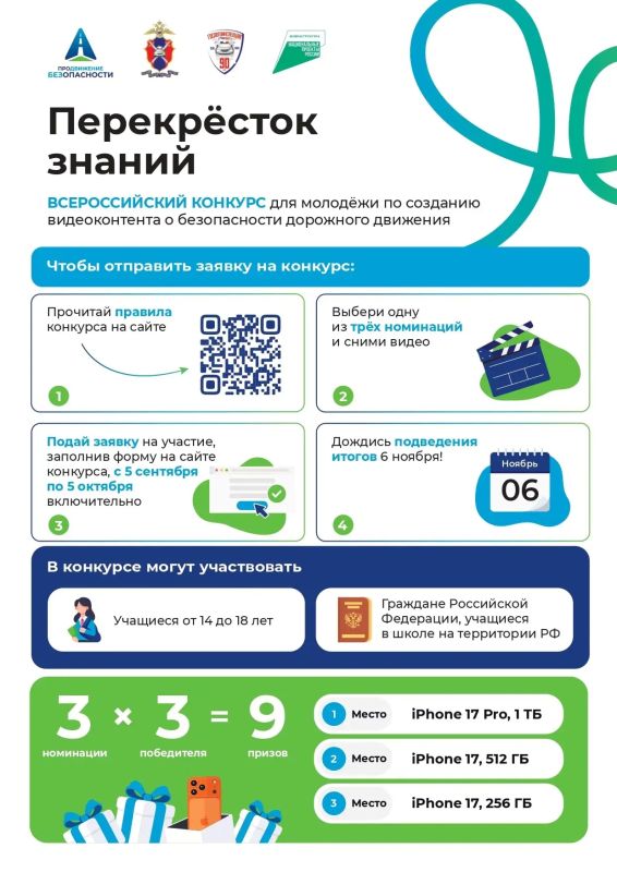 Прими участие в конкурсе!. С 5 сентября по 25 ноября 2026 года в рамках реализации социальной компании «Продвижение безопасности» пройдет Всероссийский конкурс для молодежи по созданию видеоконтента по безопасности дорожного...
